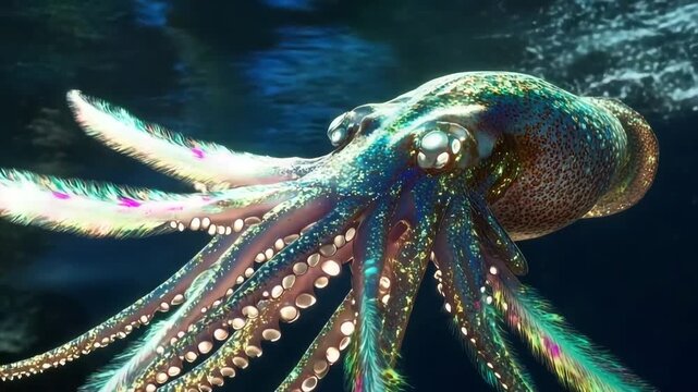 Giant squid displaying vibrant fluorescent feathers on its tentacles in a deep ocean habitat
