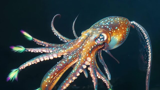 Giant squid displaying vibrant fluorescent feathers on its tentacles in a deep ocean habitat