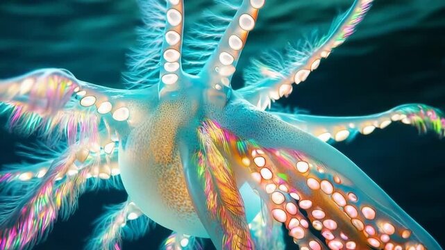 Giant squid displaying vibrant fluorescent feathers on its tentacles in a deep ocean habitat