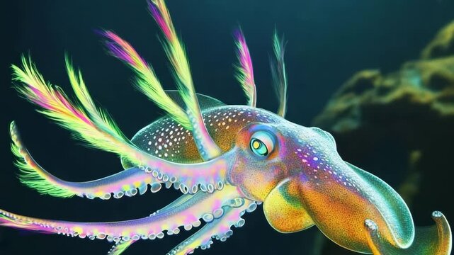 Giant squid displaying vibrant fluorescent feathers on its tentacles in a deep ocean habitat