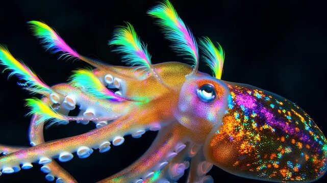 Giant squid displaying vibrant fluorescent feathers on its tentacles in a deep ocean habitat