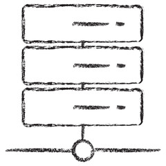 Vector icon of a network server rack representing data storage. Dark brown charcoal sketch on transparent background. Hand-drawn textured design for cloud computing and IT infrastructure