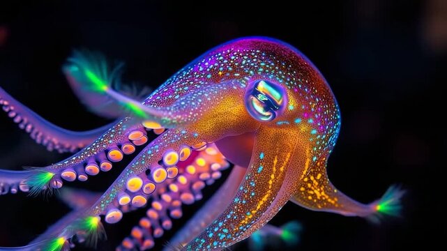 Giant squid displaying vibrant fluorescent feathers on its tentacles in a deep ocean habitat
