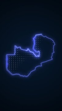 Vertical Neon Blue Zambia Map Borders Outline Loop Background