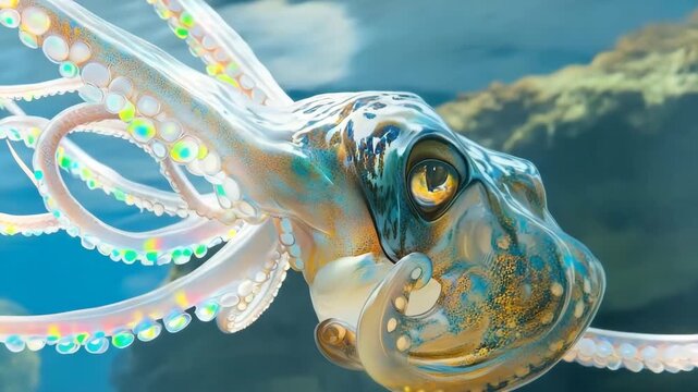 Giant squid displaying vibrant fluorescent feathers on its tentacles in a deep ocean habitat