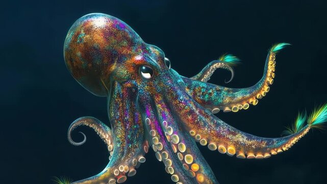 Giant squid displaying vibrant fluorescent feathers on its tentacles in a deep ocean habitat