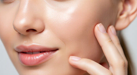 Obraz premium Young Caucasian Woman with Perfect, Dewy Skin Close-up: Beauty, Skincare, and Hydration.