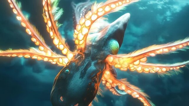 Giant squid displaying vibrant fluorescent feathers on its tentacles in a deep ocean habitat