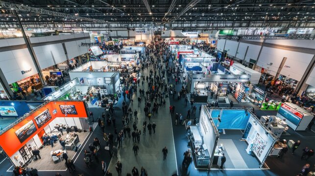 Busy Trade Show Exhibition Hall with Crowded Attendees