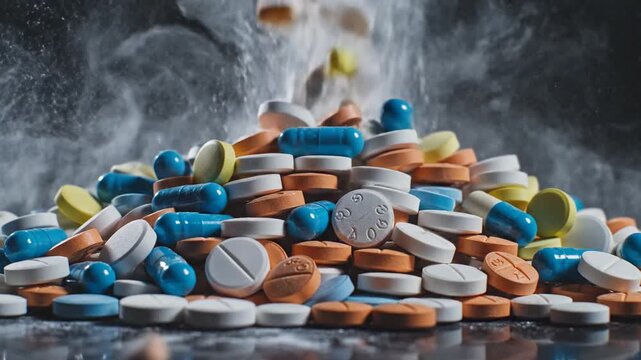 Cinematic slow motion close up of pharmaceutical prescription pills falling as a poignant symbol of the global opioid addiction crisis and healthcare substance abuse recovery concept