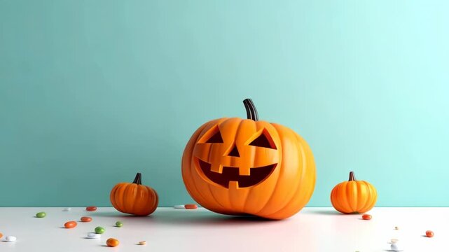 Carved Halloween Jack-o-lantern with smaller pumpkins and scattered pills on white surface