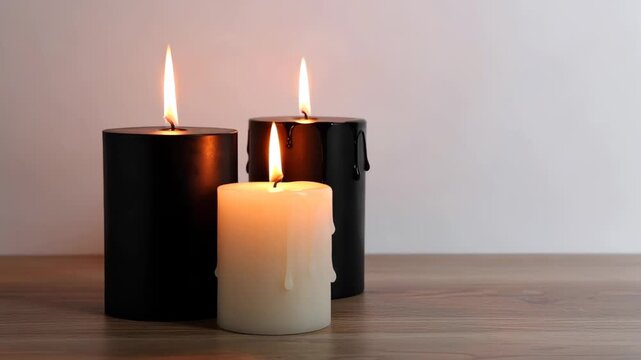 Three lit pillar candles, two black and one cream, casting a warm glow on a wooden surface