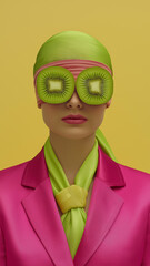 A vibrant conceptual portrait of a person wearing sliced kiwi fruit as sunglasses, a lime green headscarf, and a bright fuchsia blazer with a lime silk necktie against a yellow background.