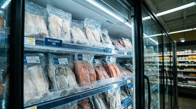 Frozen fish packs displayed in glass refrigerator at supermarket  