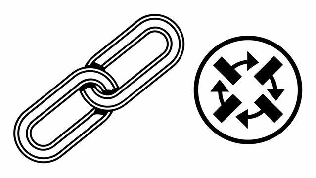 Simple black and white illustration of interlinked chain and circular symbol with arrows indicating direction and movement from a straightforward perspective