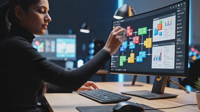 Cinematic digital display showing low code platform interface for rapid software development and streamlined programming efficiency in modern workspace environment with glowing visual elements.