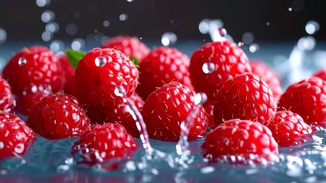 Fresh red raspberries with water splashes and droplets in a close-up studio shot