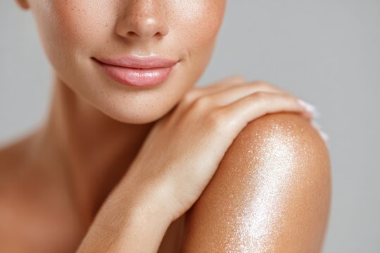 Close-up of womans shoulder with shimmering skin and natural makeup