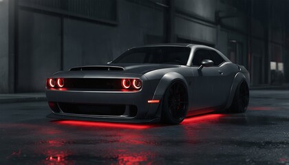 Fototapeta premium A sleek, modern performance vehicle with vibrant red underglow and piercing headlights, embodying power and speed against a dark, mysterious urban backdrop at night
