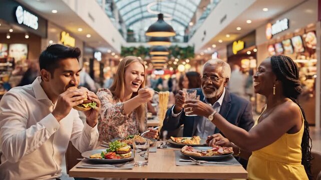 Cinematic slowmotion capture of diverse patron dining at a vibrant food court inside a bustling modern shopping mall center featuring warm ambient lighting and a lively public atmosphere.