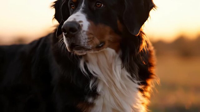 Bernese Mountain Dog at Sunset in a Field