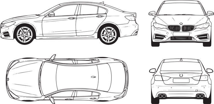 Car sedan detailed line art from multiple views top front side