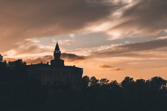 beautiful sunset at rivalta castle in italy