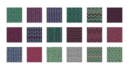 A vibrant collection of colorful geometric patterns displayed in a grid formation on a clean white background