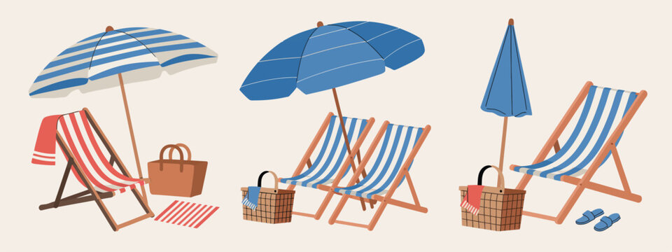 Summer Beach Illustration Set with Beach Chairs, Wooden Deck Chair, Sun Umbrella, Picnic Basket, and Sunbed, Hand Drawn Vector Elements in Trendy Style, Isolated Vacation and Relax Concept