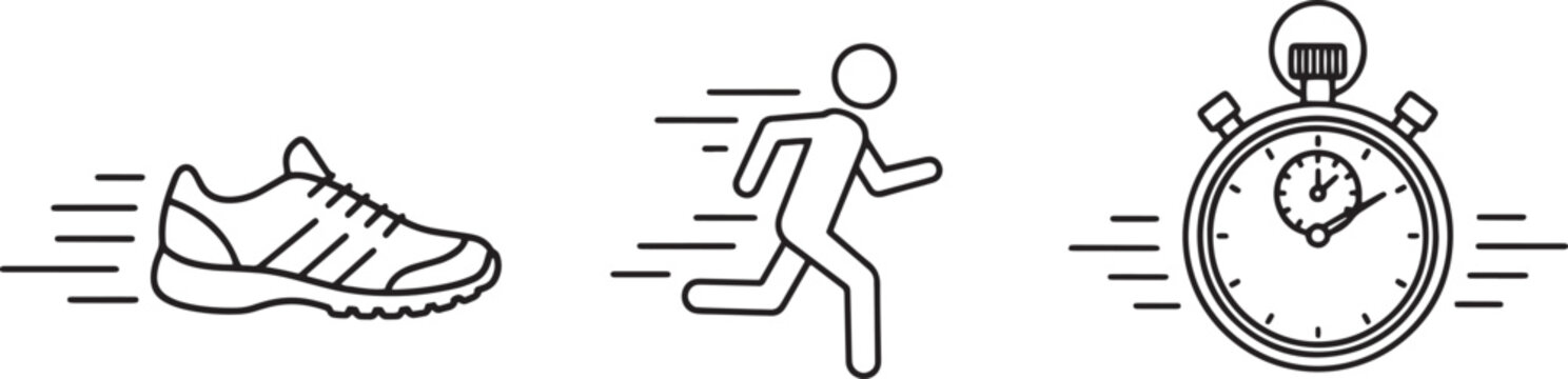 Running and sports icons set featuring shoe runner and stop watch