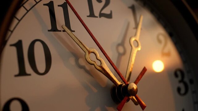 Close-Up View of an Elegant Analog Clock Face with Golden Hands and Red Second Hand Ticking Forward Against a Warm Blurred Background Symbolizing Time.