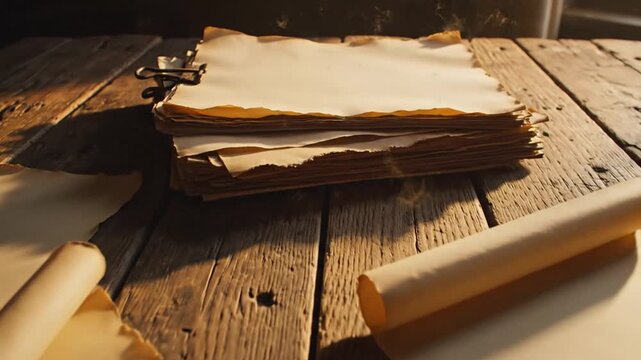 Cinematic view of rustic wooden desk surface adorned with collection of aged blank antique parchment paper featuring vintage texture and historical aesthetic in high definition resolution.