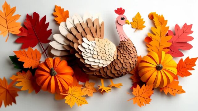 Paper craft turkey and pumpkins surrounded by colorful autumn leaves, Thanksgiving celebration