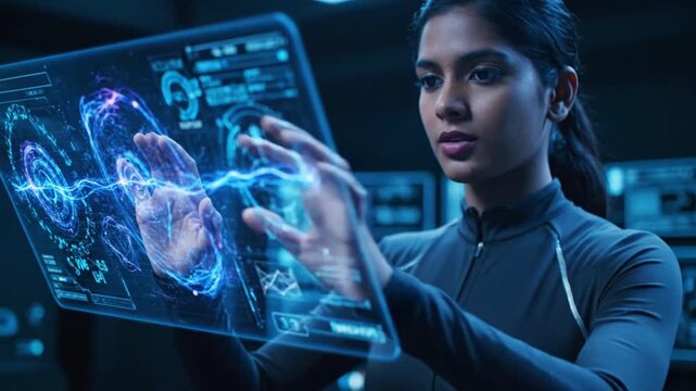 Focused Young Indian Scientist Interacting with Transparent Holographic Touch Screen and Digital Energy Data Visualizations