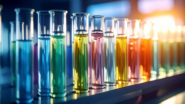 Row of laboratory test tubes filled with colorful liquids and bubbles in bright light