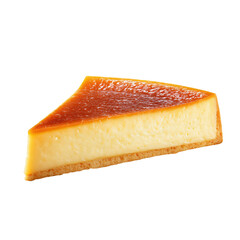 Golden slice of cheesecake on black background, isolated and illuminated
