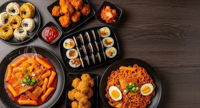 Delicious Korean dishes spread on wooden table