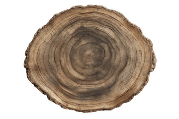 Tree trunk slice showing growth rings, dark wood tones, isolated on black