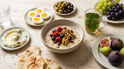 Delicious healthy breakfast spread with oatmeal, fruits, and nuts on table