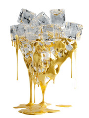 Dripping golden liquid coats stacked ice cubes, creating a melting sculpture
