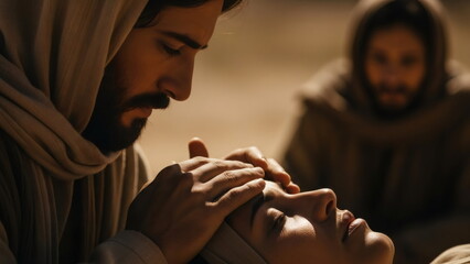 Jesus lays his hands on a sick woman in prayer or request for healing. A biblical scene depicting faith, compassion, and divine intervention. Divine blessing.