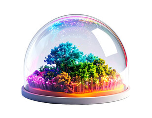 Naklejka premium A glass dome reveals a vibrant, multi-colored forest, lit with glowing particles