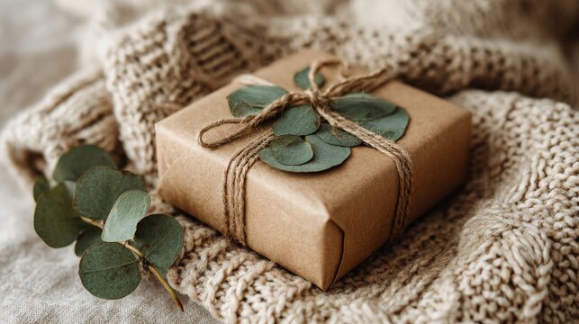A warm indoor scene showcases a cozy present, swathed in brown paper, placed on a soft knit blanket and highlighted by greenery