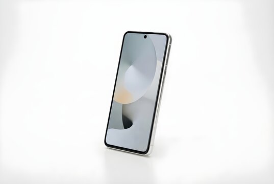 Modern Smartphone Mockup Standing Upright on Clean White Background with Abstract Screen