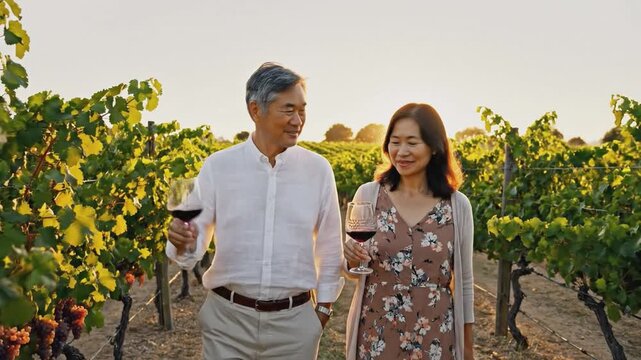 Couple enjoying wine in vineyard, sharing smiles and toasting glasses, celebrating moments amidst lush grapevines and golden sunset glow