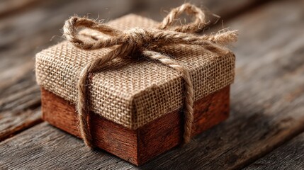 Obraz premium A rustic gift box, wrapped in twine, placed on a wooden surface, ideal for celebratory themes and crafts