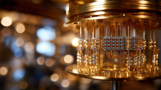 Golden quantum computer processor chandelier in laboratory for physics research, advanced computing hardware, scientific facility, quantum mechanics visualization, defocused resear