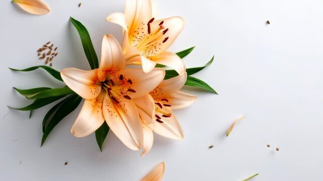 Soft peach lily buds and green leaves scattered with seeds and petals on white