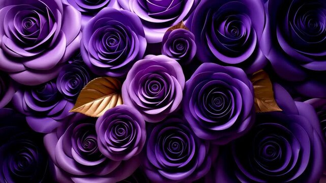 Close-up view of a rich purple rose arrangement with a single golden leaf accent