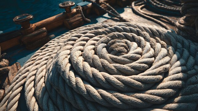 Neatly coiled ship rope on deck maritime nautical equipment texture.